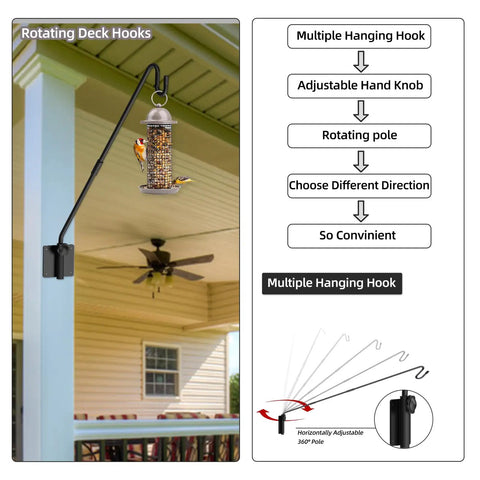 Heavy Duty Wall Mounted Deck Hook For Outdoor Plant Hangers Bird Feeders And Lanterns With 360 Degree Rotating Pole And Extended Arm Rust Resistant Sturdy Metal Bracket For Flower Baskets And More