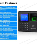 No Sweat Fingerprint Time Attendance System Bundled With Rock Solid 400lb Magnetic Lock Entry Kit Includes Exit Push Switch And Plug In Power Brick, featuring a 1.8 inch TFT color screen.