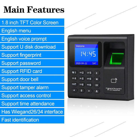 No Sweat Fingerprint Time Attendance System Bundled With Rock Solid 400lb Magnetic Lock Entry Kit Includes Exit Push Switch And Plug In Power Brick, featuring a 1.8 inch TFT color screen.