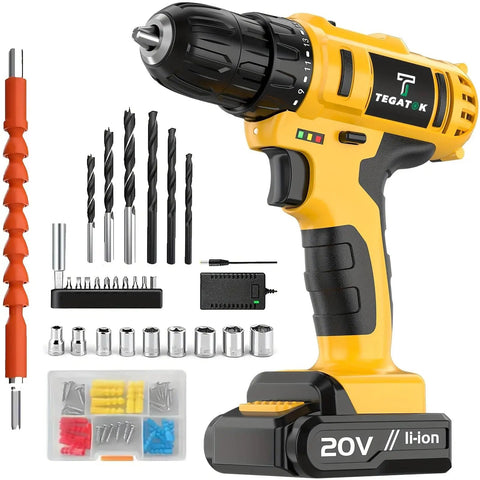 Mean Machine 20V Cordless Drill Driver Set Featuring 3/8 Inch Automatic Spindle Lock Chuck with accessories and battery.
