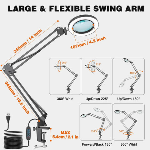 Ultimate Crafting Desk Magnifier Lamp With Light, 8x And 10x Dual Magnification Glass, 27.6 Inch Swing Arm, flexible angles shown