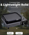 Butane Camp Stove With Flat Top Griddle Included Portable Piezo Ignition Diecast Aluminum Nonstick Coating Tent Camping Stove For Outdoor Cooking And Kitchen Powerful Burners For Grilling Boiling, showing compact size and dimensions, 12-inch width.