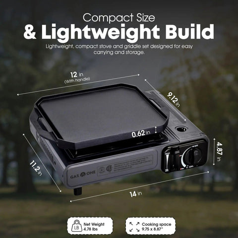 Butane Camp Stove With Flat Top Griddle Included Portable Piezo Ignition Diecast Aluminum Nonstick Coating Tent Camping Stove For Outdoor Cooking And Kitchen Powerful Burners For Grilling Boiling, showing compact size and dimensions, 12-inch width.