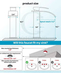 Diagram of Waterfall Tall Bathroom Faucet With 1 Hole Single Handle 304 Stainless Steel Vessel Sink Faucet Matte Black size and fit guide.