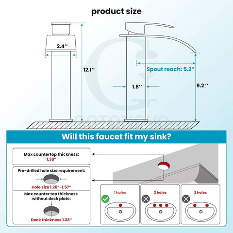 Diagram of Waterfall Tall Bathroom Faucet With 1 Hole Single Handle 304 Stainless Steel Vessel Sink Faucet Matte Black size and fit guide.
