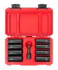 Open red case showing 1/2 Inch Drive Deep Impact Lug Nut Socket Set with Beefy Nine Piece Inch and Metric Deep Sockets and 3 Inch Extension