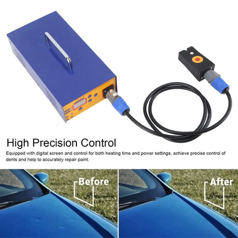 Auto Dent Repair Tool Set With 1000W Induction Heater showing digital control and before-after car dent results