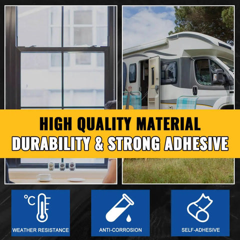 Collage of waterproof tape uses on windows and RV with text on durability and adhesive properties, weather resistance, and self-adhesive features.