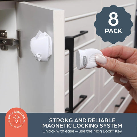 Hidden Adhesive Magnetic Cabinet Locks 2 Pack With 1 Key White shown on cabinet door