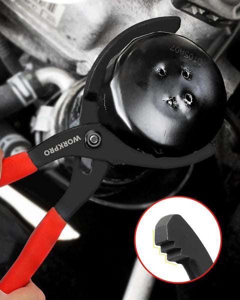 2-Piece Oil Filter Wrench Set with 12 Inch Adjustable Oil Filter Plier gripping an oil filter close-up view