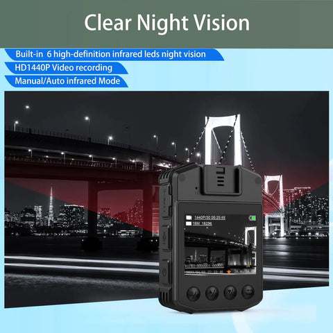 2K Body Camera With Dual Batteries And Charging Dock Delivering 1440P Legit Crisp Video With Night Vision And 14 Hour All Day Runtime Plus 64GB Memory Card For Patrol Security And Daily Carry showcasing night vision capabilities and user interface.