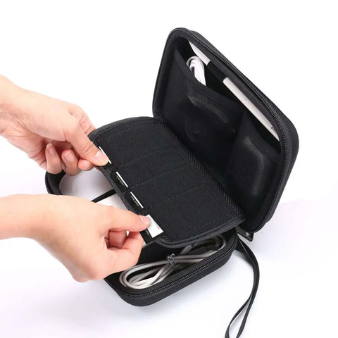 Rugged Hard Accessory Organizer Case with Custom Dividers showing open pouch with cables and dividers for tech storage.
