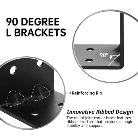 Heavy Duty Steel Corner Brackets 4x4x3 Inch 90 Degree Right Angle Shelf Brackets with ribbed design for reinforced support.