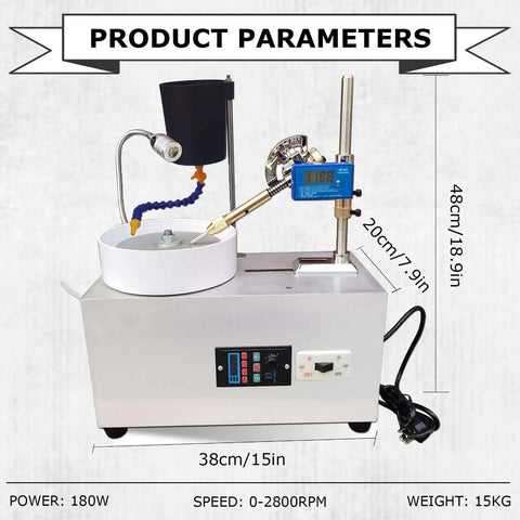 Professional Grade Lapidary Faceting Machine For Jade Crystal And Agate Stone Work Featuring Slick Adjustable RPM Copper Motor with dimensions and features.