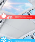 Two-piece blue magnetic sunshade for Tesla Model Y panoramic roof; interior view with shade installed