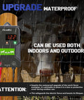 12KV Electric Fence Charger With LED Indicator, 15 KM Range, 2J Output, Works On AC DC Battery Or Solar Power, Built For Livestock Fences And Remote Pastures displayed on a wooden post with cows in background during rain