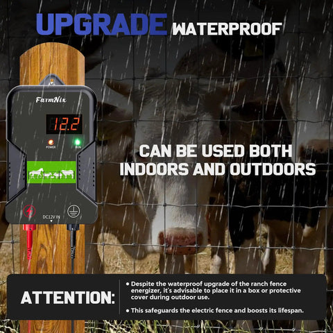 12KV Electric Fence Charger With LED Indicator, 15 KM Range, 2J Output, Works On AC DC Battery Or Solar Power, Built For Livestock Fences And Remote Pastures displayed on a wooden post with cows in background during rain