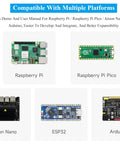 Product compatibility with Raspberry Pi, Pi Pico, Jetson Nano, ESP32, and Arduino, showcasing platform versatility.