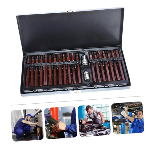 Forty Piece Star Spline Socket Bit Set For Quick Auto Repair and Top Notch Mechanics Work in sturdy storage box.
