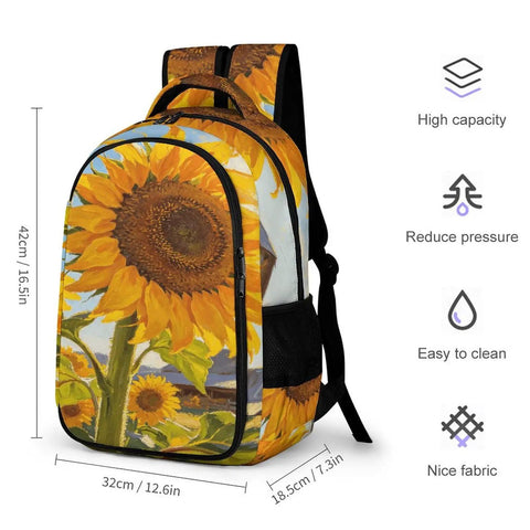 Country Sunflower Landscape Unisex Backpack With Large Capacity For Travel and Everyday Use, shown with sunflower print and features.