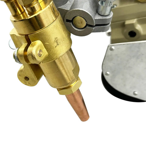 Close-up of dual torch head on the Shop Rugged Portable Gas Steel Cutter, showcasing the copper cutting tip.