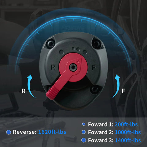 Rock Solid Half Inch Air Impact Wrench Delivers 1620 Ft Lb Torque And 8500 Rpm Spin For Heavy Duty Automotive Jobs display of torque settings.