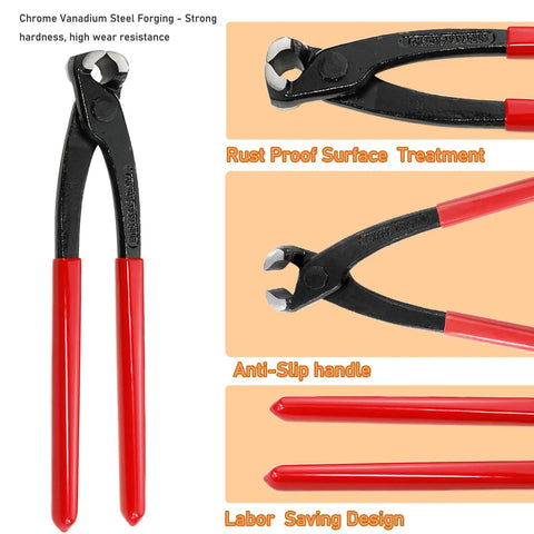180 Piece Single Ear Hose Clamp Kit With Pincer, 9-inch plier, red anti-slip handles, chrome vanadium steel, rust-proof for DIY projects.