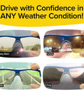 Storm-Ready Glare-Reducing Glasses For Driving In Rain And Snow, showcasing visibility in heavy rain, snow, sleet, and fog.