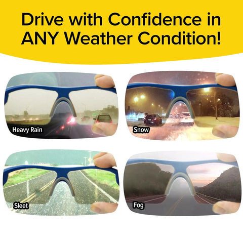 Storm-Ready Glare-Reducing Glasses For Driving In Rain And Snow, showcasing visibility in heavy rain, snow, sleet, and fog.