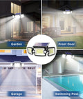 Three Head Solar Outdoor Flood Lights 7300LM IP65 Waterproof Security Spotlight illuminating garden, garage, pool, front door