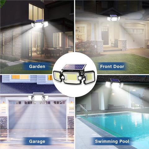 Three Head Solar Outdoor Flood Lights 7300LM IP65 Waterproof Security Spotlight illuminating garden, garage, pool, front door