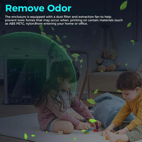 Children playing near Metal And Tempered Glass Open Printer Enclosure with drag chain and filter fan for SV08 upgrade