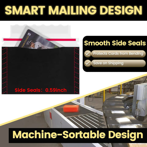 Bulk 500 Pack Trading Card Envelopes 7 By 4.35 Inch Mailers For Shipping Perfect Sized Envelope For Mailing Semi Rigid And Toploaders Protective Supplies Black with a card inside and machine-sortable design.