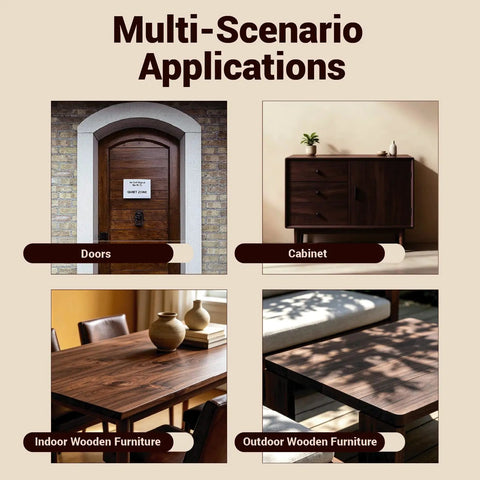 Image showcasing multi-scenario applications of All In One Water Based Walnut Wood Stain And Sealer With Attached Brush for wood surfaces.