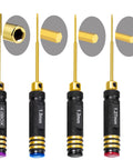 Four Piece Titanium Hex Screwdriver Set With Ergonomic Slip Resistant Handles 1.27mm 1.3mm 1.5mm 4.0mm showcasing titanium-plated tips.