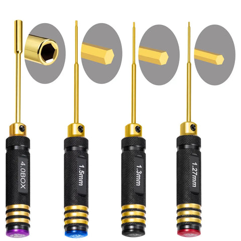 Four Piece Titanium Hex Screwdriver Set With Ergonomic Slip Resistant Handles 1.27mm 1.3mm 1.5mm 4.0mm showcasing titanium-plated tips.