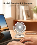 Compact Desk Fan On The Go Quiet Rechargeable Mini Fan With 4 Speeds LED Display And LED Light on desk near laptop