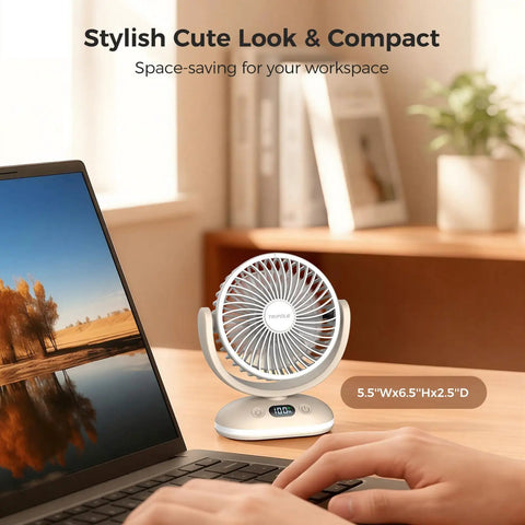 Compact Desk Fan On The Go Quiet Rechargeable Mini Fan With 4 Speeds LED Display And LED Light on desk near laptop