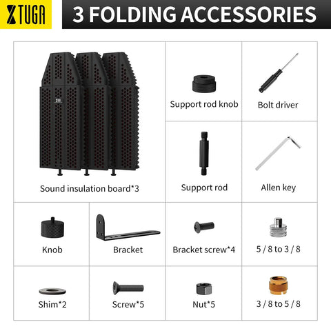 Game Changing Acoustic Recording Microphone Isolation Shield set with three folding sound insulation boards and accessories.