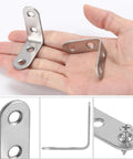 24 Pack Heavy Duty L Brackets With Screws Rust Resistant Stainless Steel Corner Brace shown in a hand, ideal for securing shelves.