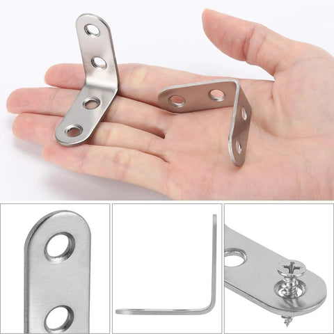24 Pack Heavy Duty L Brackets With Screws Rust Resistant Stainless Steel Corner Brace shown in a hand, ideal for securing shelves.