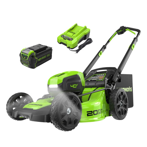 40V 20 Inch Brushless Cordless Lawn Mower With 4Ah Battery And Charger, 4 In 1 Cutting Deck, shown with battery and charger