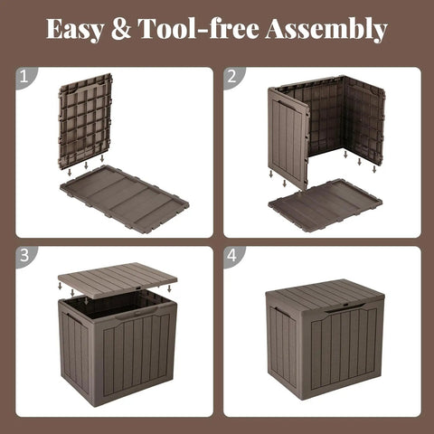 Assembly steps of 30 Gallon Outdoor Storage Box Bench With Lockable Lid Waterproof Resin Deck Box For Garden Tools Pool Accessories And Cushions Weatherproof Patio Storage Solution.