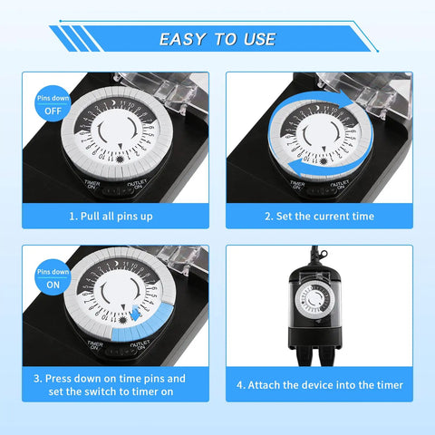 Four-step illustration of Top Shelf 24 Hour Mechanical Outdoor Timer Outlet 2 Pack Waterproof Weatherproof Switch use for setup.