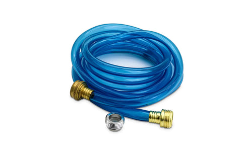 Blue hose with brass and steel fittings for Pro Grade Plumbers Drain Unclogging Pack For 1 To 6 Inch Drains With Water Powered Jet Cleaners.