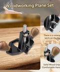 Front view of handheld router plane with black body, wooden handles, and adjustable screw for cutting grooves.