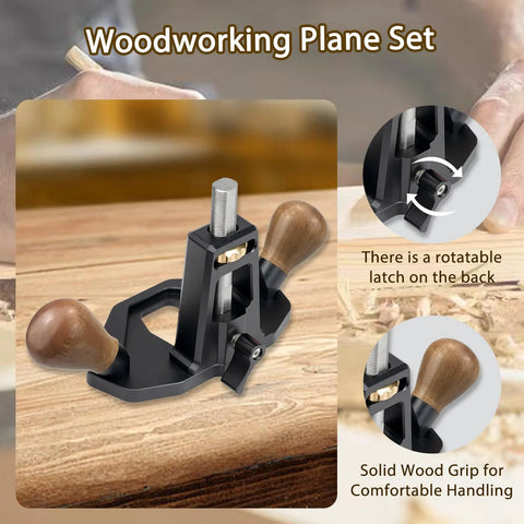 Front view of handheld router plane with black body, wooden handles, and adjustable screw for cutting grooves.