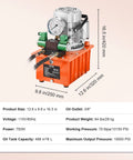 VEVOR hydraulic electric pump, 10000 PSI, front view: orange base, silver motor, green valves.