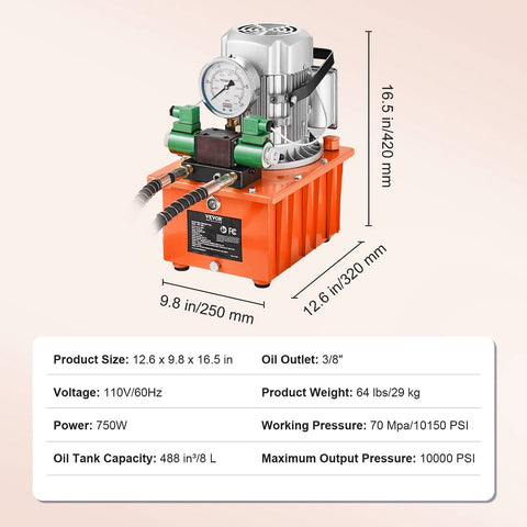 VEVOR hydraulic electric pump, 10000 PSI, front view: orange base, silver motor, green valves.
