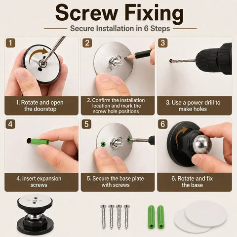 RV Magnetic Door Catch With Adhesive And Screw Mounting installation steps showing tools and parts for secure assembly